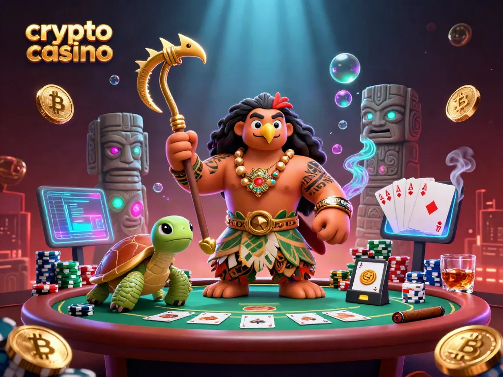 A vibrant crypto casino scene with a demigod hawk, poker chips, and Bitcoin coins, showcasing exciting gameplay.