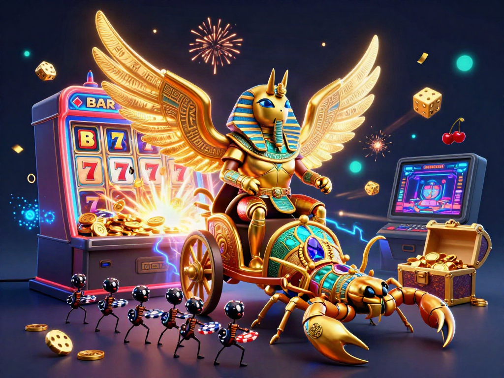 Experience the thrill of nhà cái uy tín with a dynamic casino scene featuring a golden scarab beetle, chariot, and a jackpot explosion.