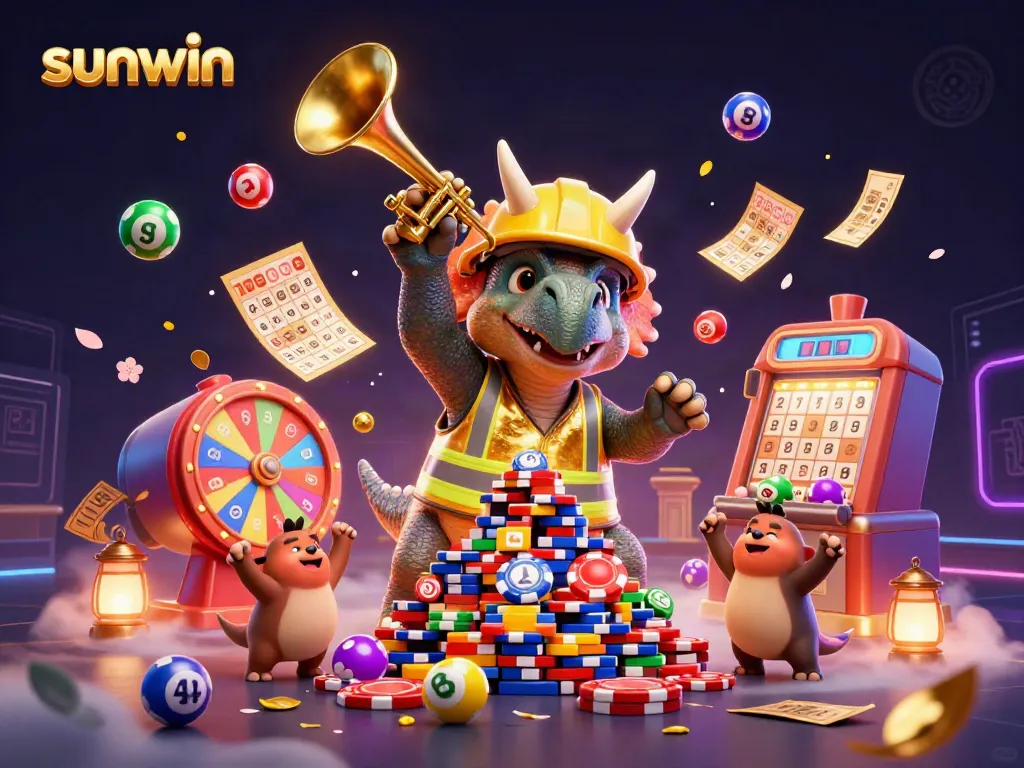 Experience the thrill of sunwin with playful characters celebrating and vibrant casino elements.