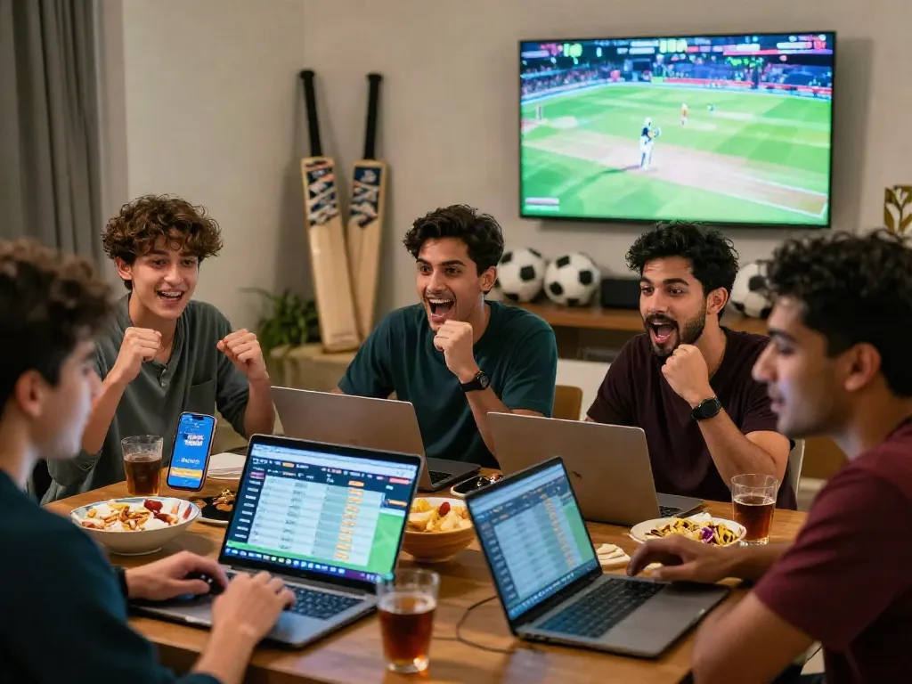 Friends excitedly betting on cricket matches on lotus365 during a live game.