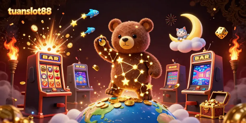 Trik bermain di tuanslot88 dengan simbol jackpot menggiurkan dan karakter lucu 3D.