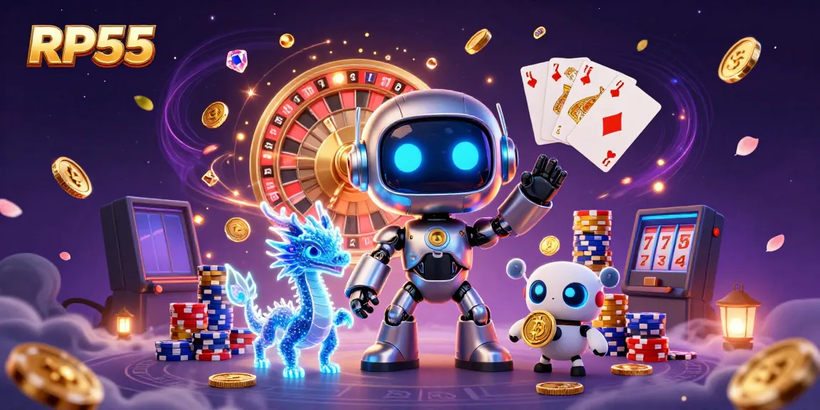 Menggandakan kemenangan saat bermain RP55 dengan robot cyberpunk dan naga AI, dikelilingi koin emas dan permata berkilau.