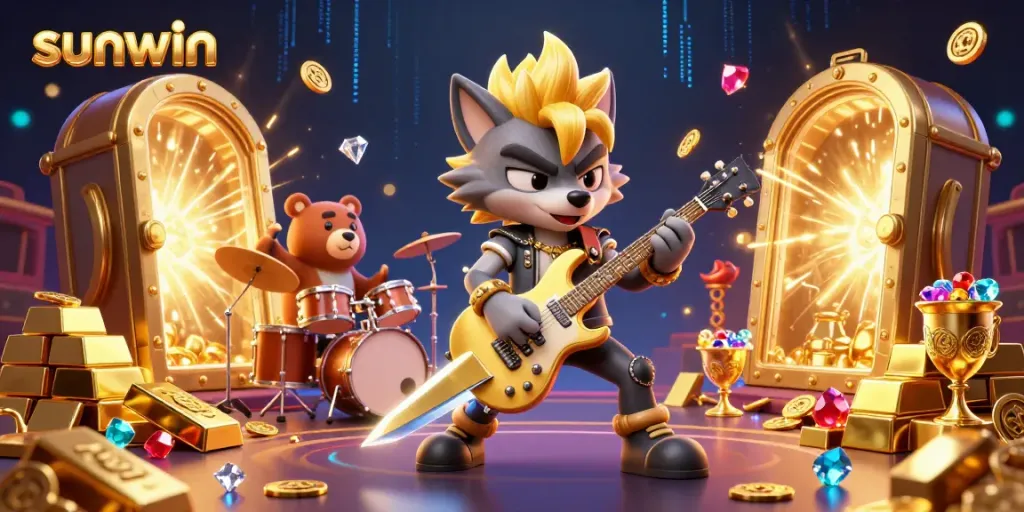 Experience the thrill of Sunwin gaming with an electrifying cartoon scene showcasing rich gold treasures and fun characters.