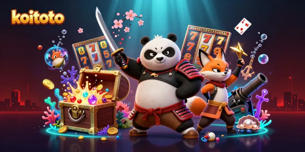 Koitoto menghadirkan ilustrasi kasino 3D penuh warna dengan panda samurai dan teman-teman, menampilkan mesin slot dan jackpot di sekitarnya.