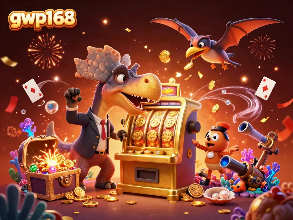 GWP168 menampilkan ilustrasi 3D karakter dinosaurus menghadapi mesin slot dengan emas yang berhamburan, menekankan keseruan permainan.
