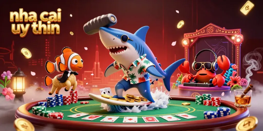 Nha cai uy tin characters surf on gold coins, illustrating vibrant casino elements in action.