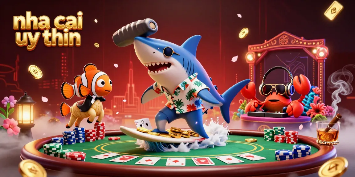 Nha cai uy tin characters surf on gold coins, illustrating vibrant casino elements in action.