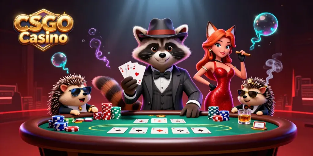 Experience the thrill of CSGO Casino with a raccoon, fox, and hedgehog amid poker action.