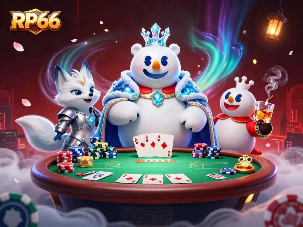 Experience thrilling gameplay with RP66: A dazzling polar bear and snow fox at a vibrant poker table.