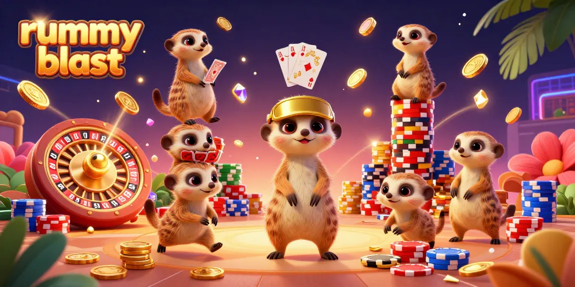 Experience the excitement of rummy blast in this vibrant illustration with meerkats managing a casino.