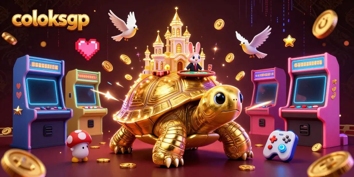 Permainan Coloksgp dengan kura-kura emas dan dealer kelinci dalam ilustrasi kasino 3D yang megah.