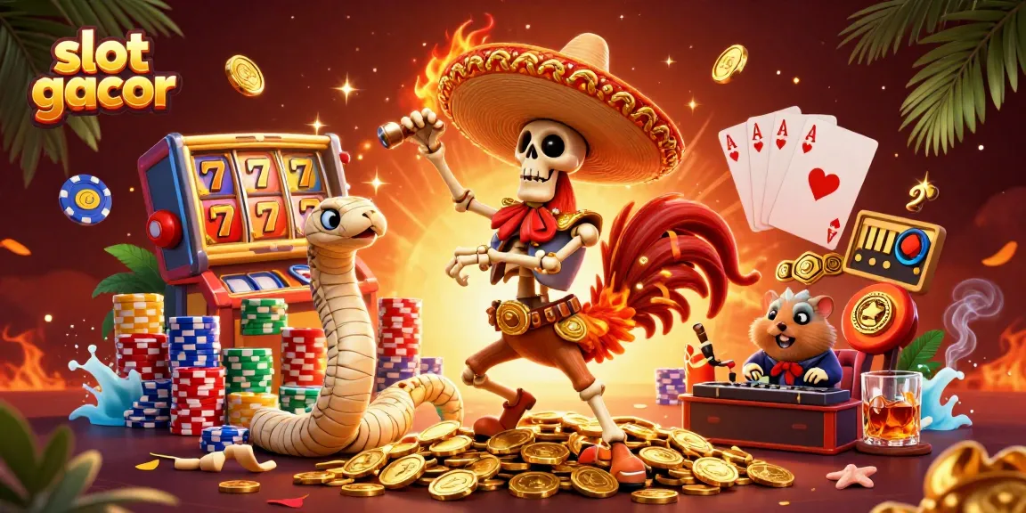 Experience the thrill with slot gacor in this vibrant scene featuring a dancing mariachi rooster, a mummy snake, and a DJ hamster amidst slot elements.