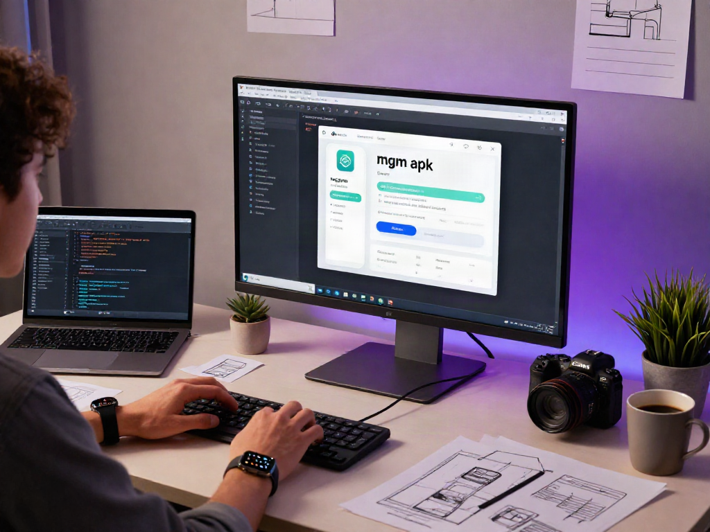 Mobile app developer designing the mgm apk interface in a modern workspace