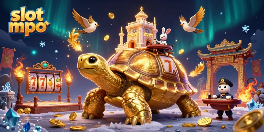 Experience the slot mpo thrill with a dynamic illustration showcasing a golden tortoise casino, vibrant coins, and energetic gameplay.
