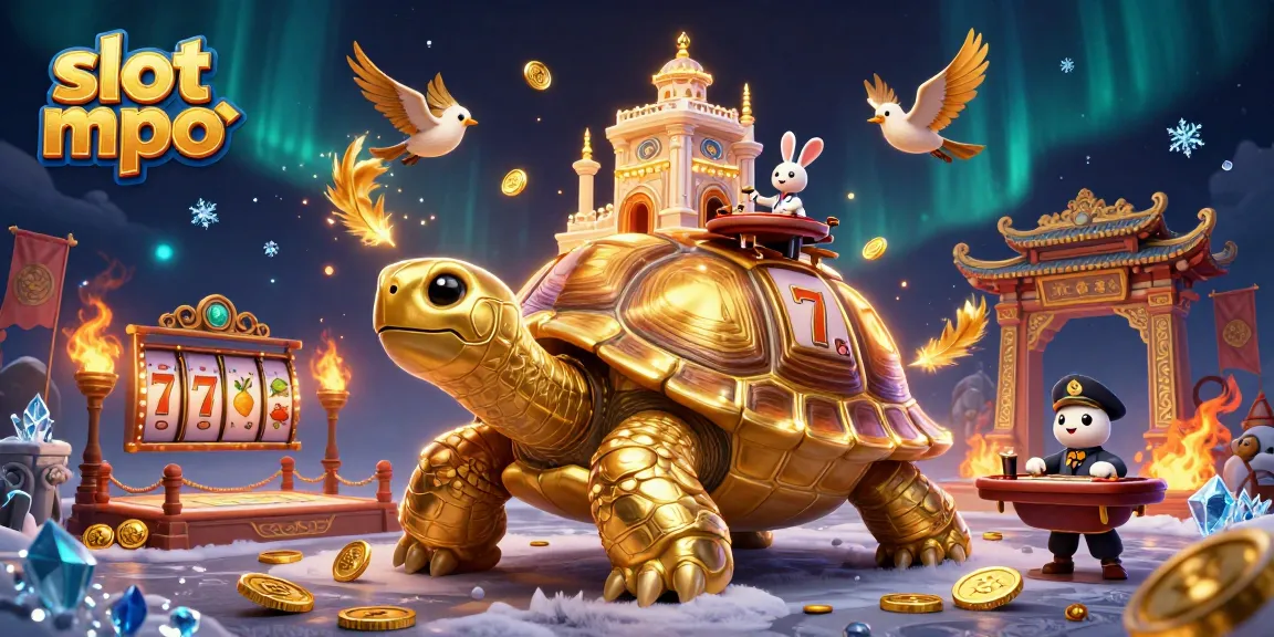 Experience the slot mpo thrill with a dynamic illustration showcasing a golden tortoise casino, vibrant coins, and energetic gameplay.
