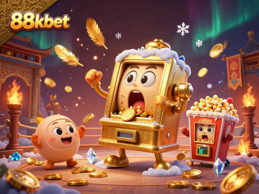 Experience the thrill of winning at 88kbet with a golden slot machine celebrating a jackpot amid a vibrant casino scene.