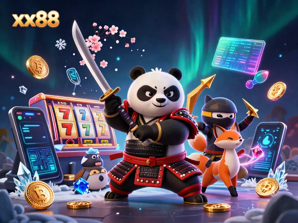 Engage in thrilling gaming adventures with xx88's cartoon samurai panda and ninja fox.