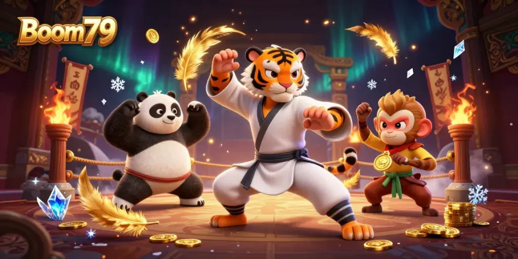Experience thrilling gameplay in Boom79 with kung fu animals in a vibrant casino scene.