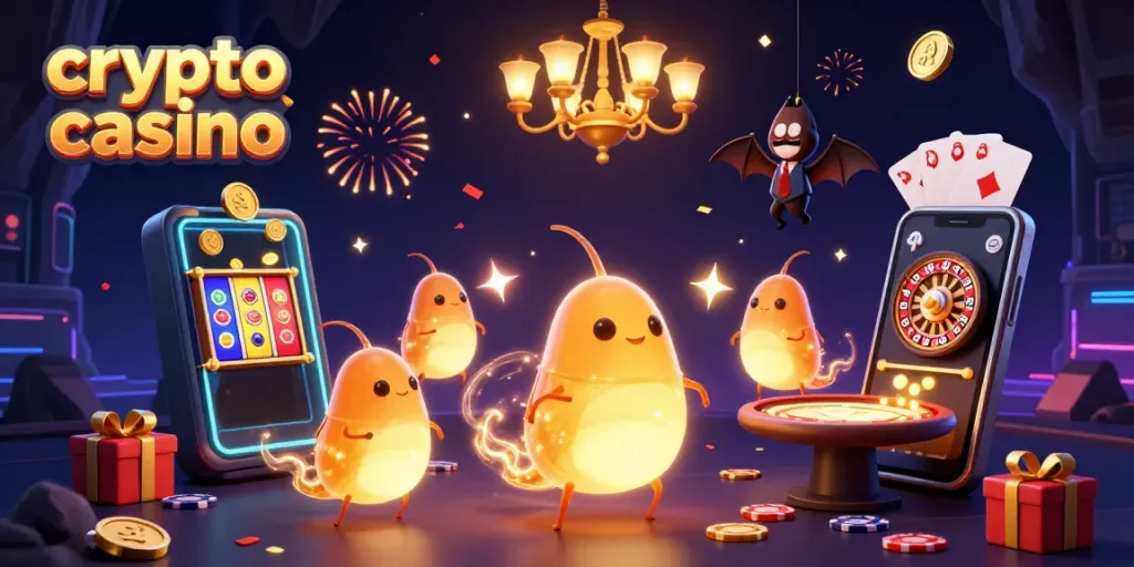 Experience the excitement of a crypto casino with a dynamic scene of glowworms and games.
