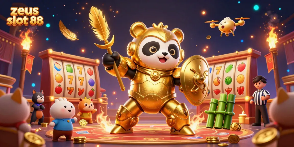 Gambarkan permainan zeus slot 88 dengan panda emas yang beraksi di arena kasino yang semarak dan penuh elemen menarik.