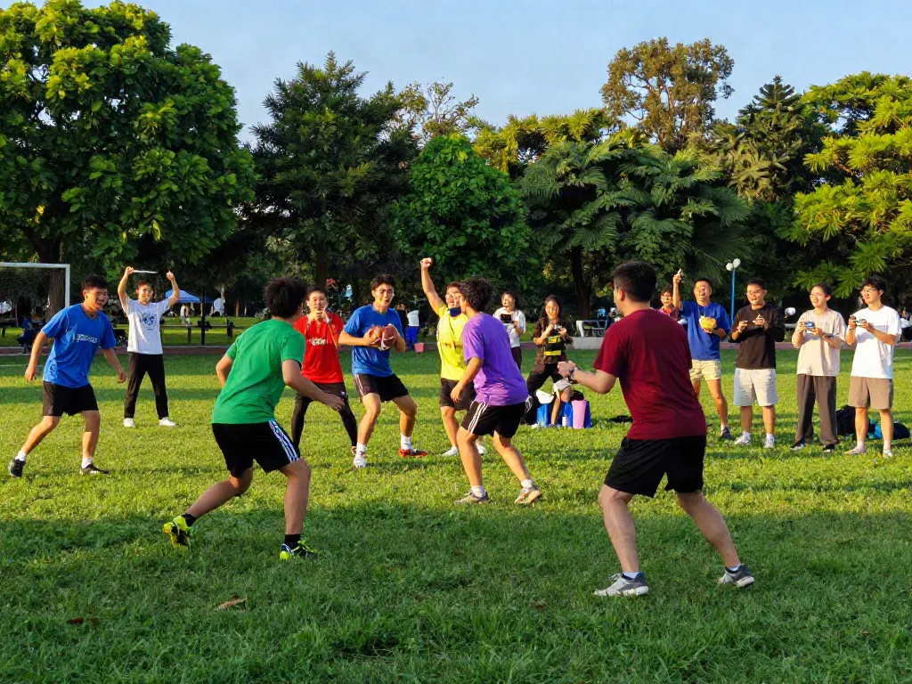 Permainan sepak bola seru bersama teman-teman di 7meter pada sore yang cerah di taman kota.