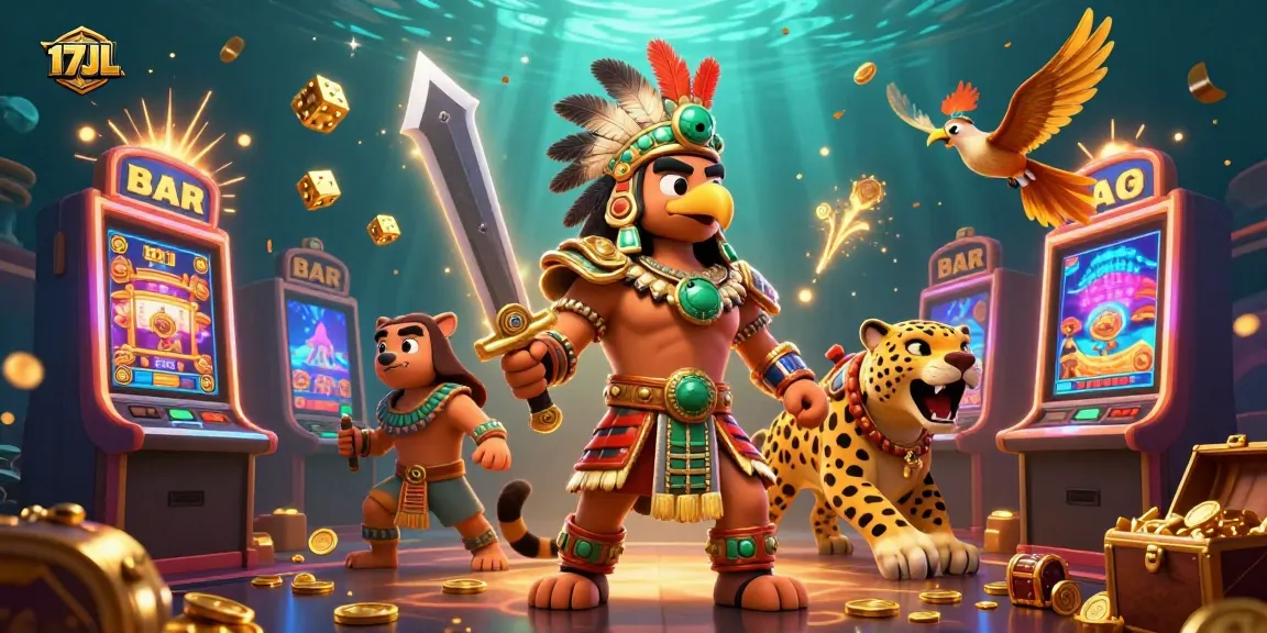 Experience thrilling jackpots with 17JL in a vibrant 3D casino scene featuring Aztec warriors and slot machines.