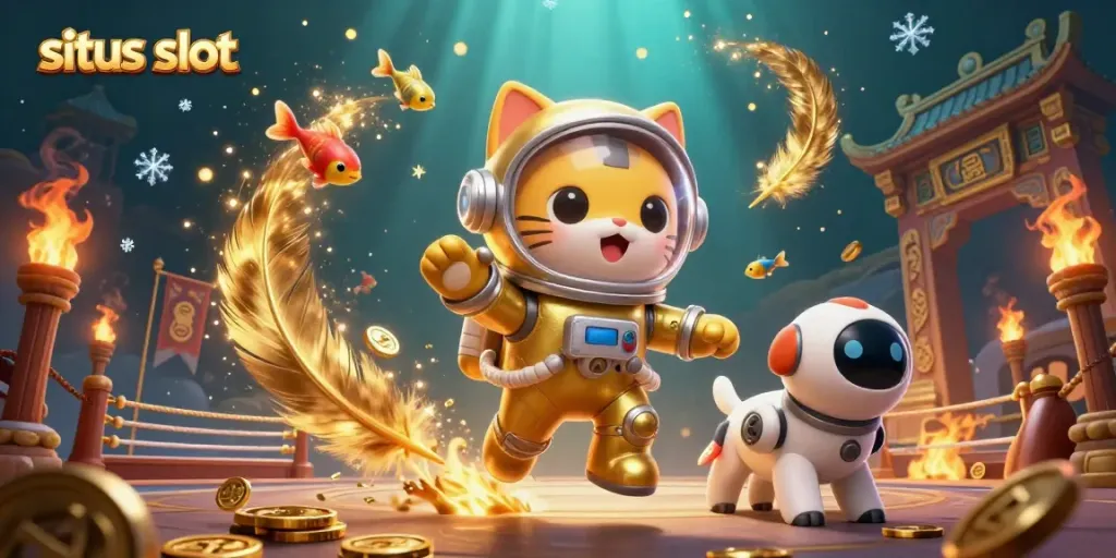 Experience the dynamic atmosphere of situs slot with a space-themed casino illustration featuring engaging characters and vibrant elements.