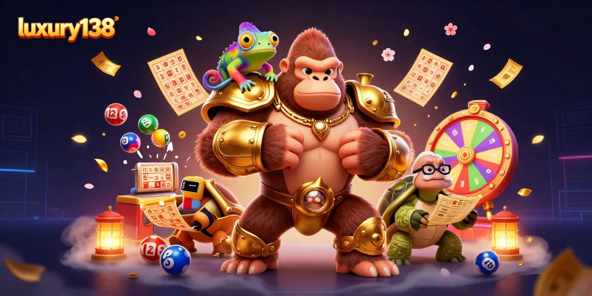 Engage with luxury138 as the gorilla king and colorful lottery elements create a vibrant casino atmosphere.