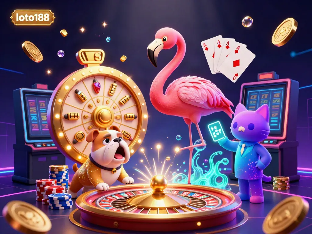Experience the excitement of loto188 with this vibrant 3D casino scene featuring a game show host and prizes.