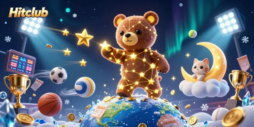 Hitclub players scoop coins while enjoying vibrant soccer and sports betting elements in a magical nighttime scene.