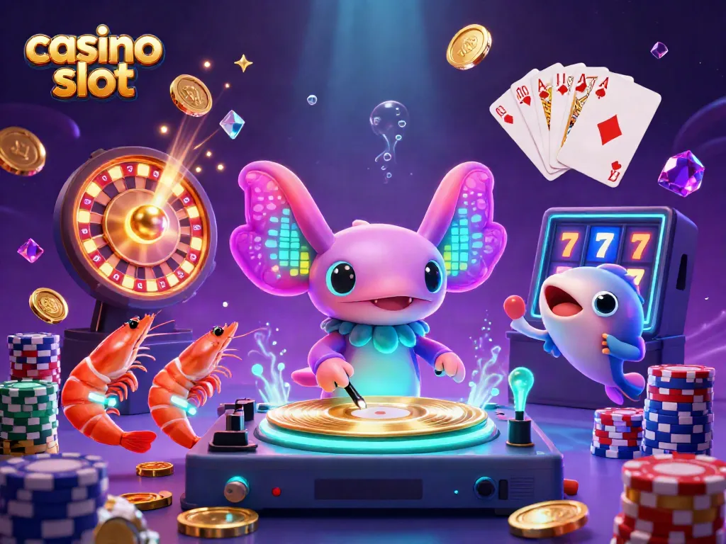Engaging casino slot scene featuring a DJ axolotl, shrimp dancers, and vibrant game elements.