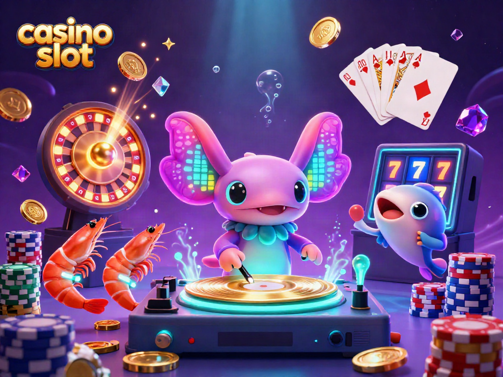 Engaging casino slot scene featuring a DJ axolotl, shrimp dancers, and vibrant game elements.