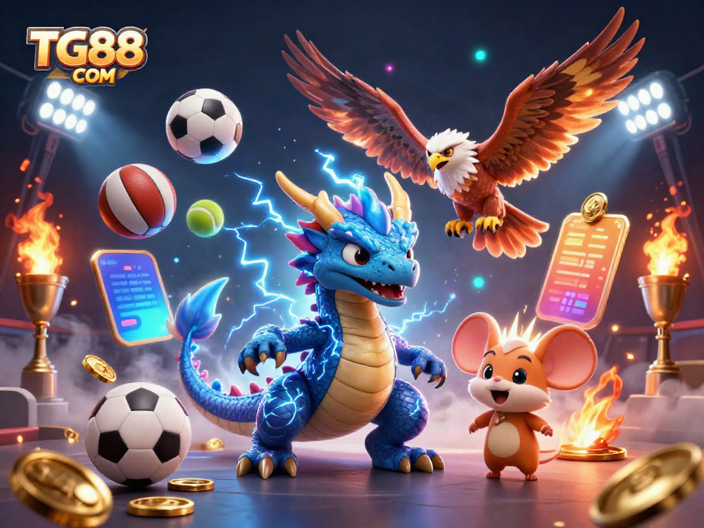Experience the dynamic excitement of TG88 COM with thrilling gaming elements in a rich 3D illustration.