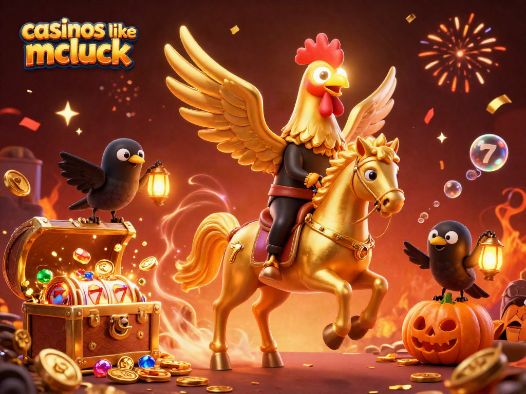Play thrilling games with casinos like mcluck, featuring vibrant 3D illustrations of gaming excitement and winning potential.