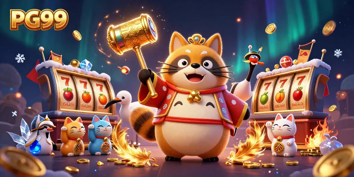 Join the fun at PG99: a vibrant casino scene featuring lucky tanuki and fortune cats.