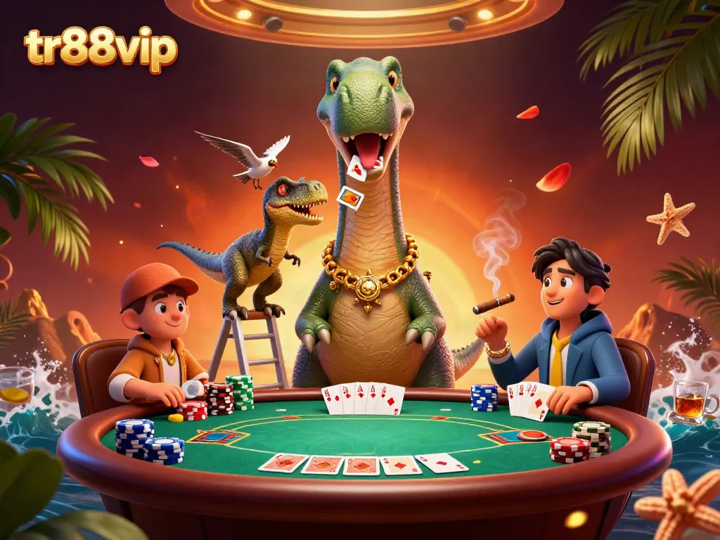 Experience thrilling poker action with a 3D brontosaurus at tr88vip casino, surrounded by vibrant game elements.