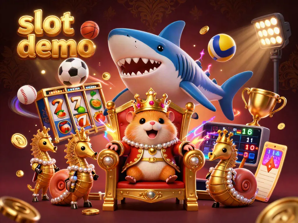 Slot demo menghadirkan raja hamster emas dengan mahkota karang di atas kursi gigi hiu, dikelilingi elemen permainan menarik.