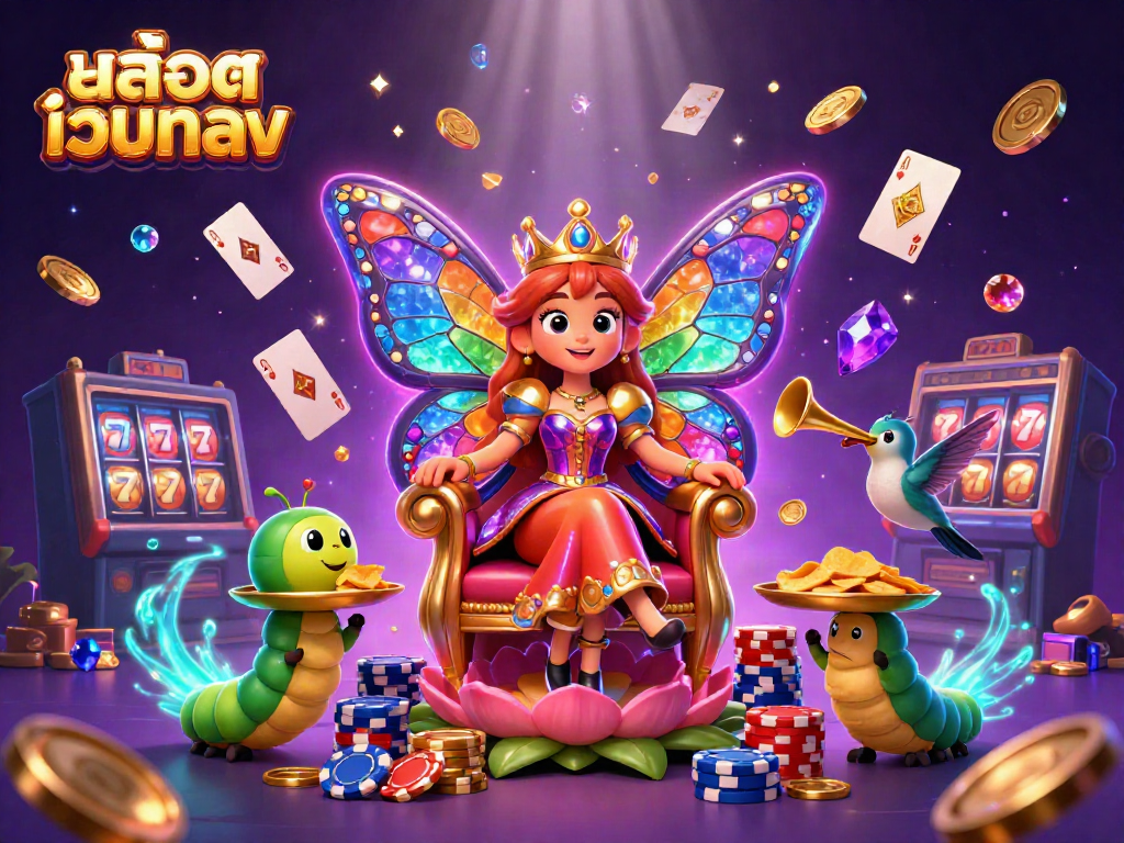 Experience thrilling moments with สล็อตเว็บตรง at this vibrant casino scene featuring a butterfly queen and golden chips.