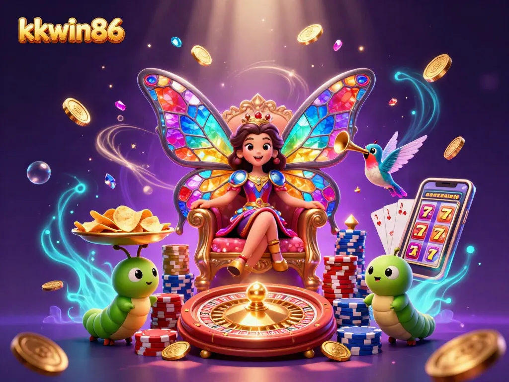Engage with kkwin86 in a vibrant 3D cartoon casino scene featuring a butterfly queen, games, and golden coins.