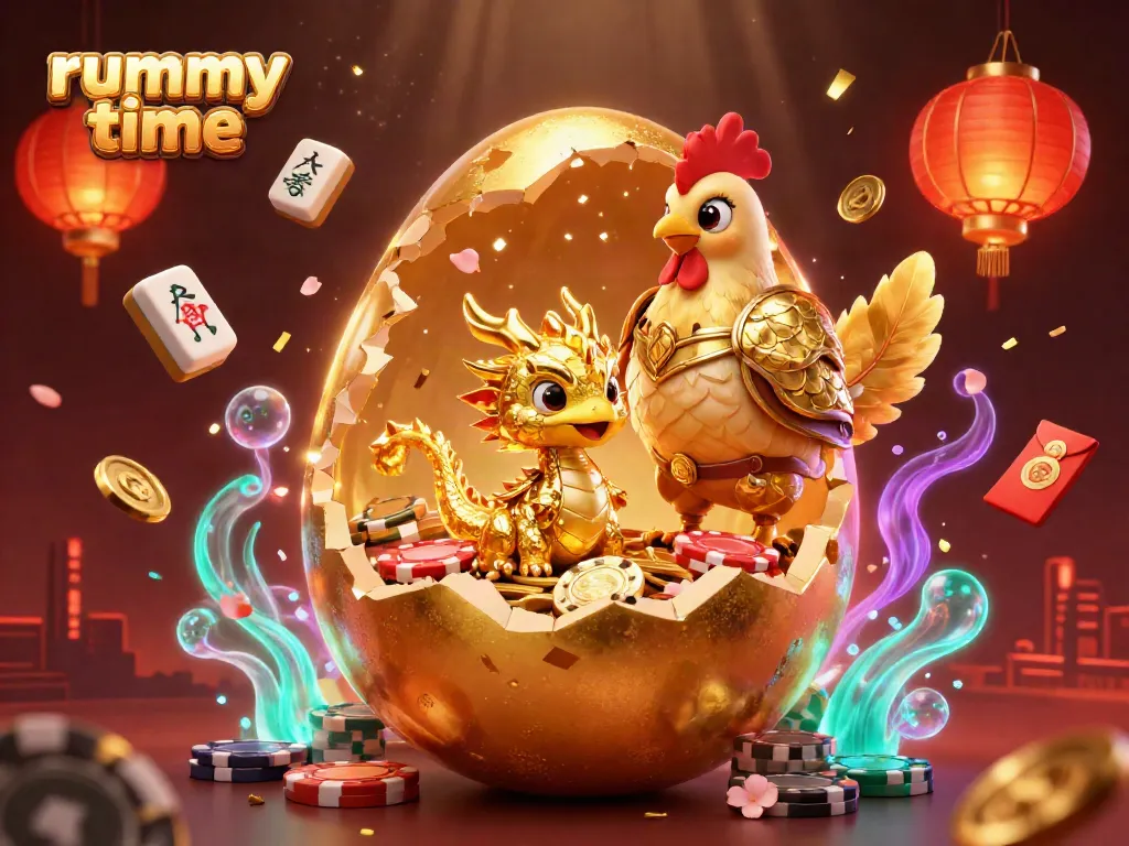Engage in the rummy time experience with a gold dragon and poker chips amidst festive gambling elements