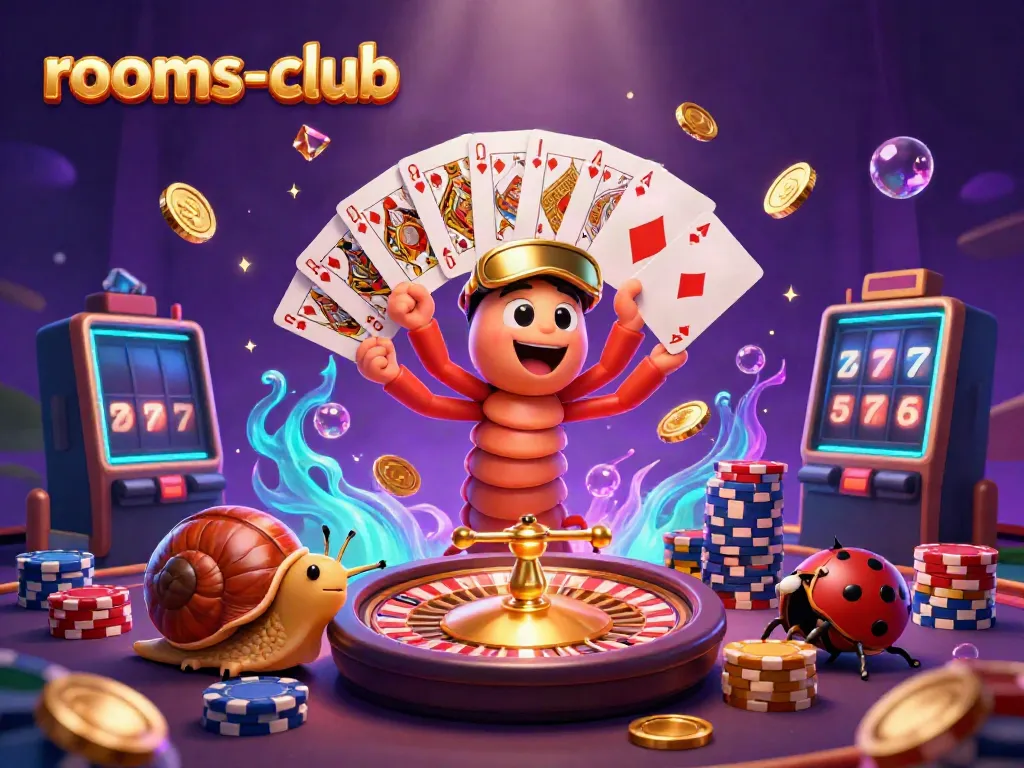 Raih kemenangan besar di permainan slot online bersama rooms-club, dengan dealer dan simbol keberuntungan di sekelilingnya.