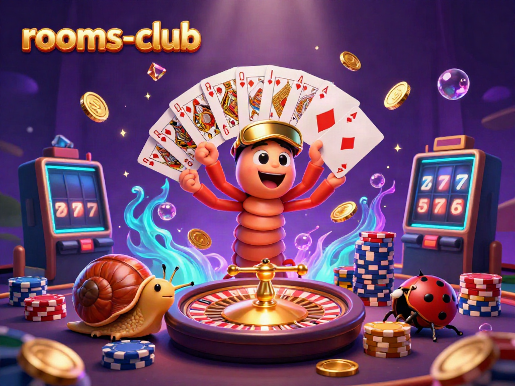 Raih kemenangan besar di permainan slot online bersama rooms-club, dengan dealer dan simbol keberuntungan di sekelilingnya.