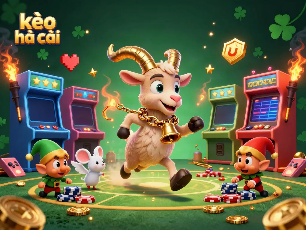 Engaging kèo nhà cái scene with playful casino characters, vibrant games, and festive atmosphere.