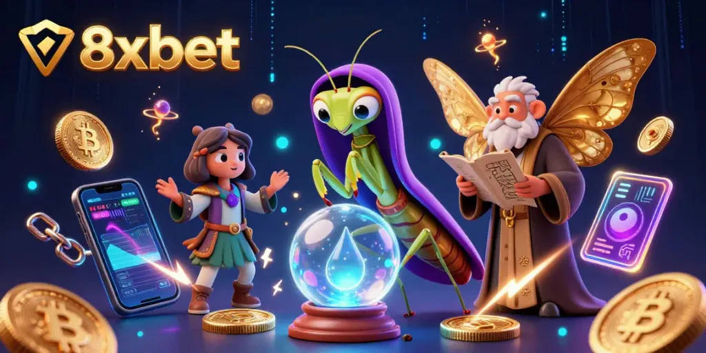 Experience thrilling gameplay at 8xbet with vibrant characters and glowing cryptocurrency elements.