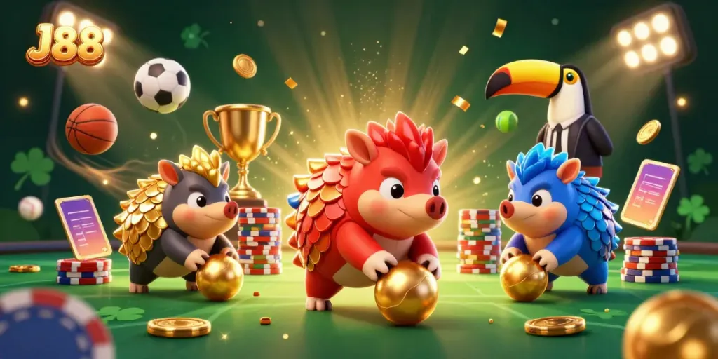 J88 pangolins clash in a casino scene with golden chips and sports elements, showcasing competitive spirit.