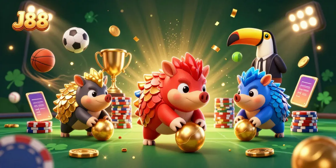 J88 pangolins clash in a casino scene with golden chips and sports elements, showcasing competitive spirit.