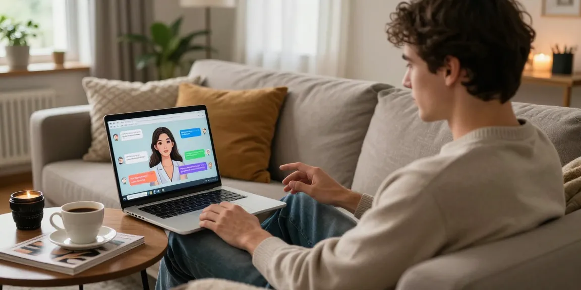 Engaged young man interacting with his AI girlfriend on a laptop screen in a cozy living room setting.