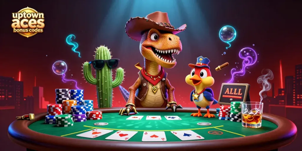Engage with uptown aces bonus codes in a vibrant, dynamic scene featuring a cowboy T-Rex and poker elements.