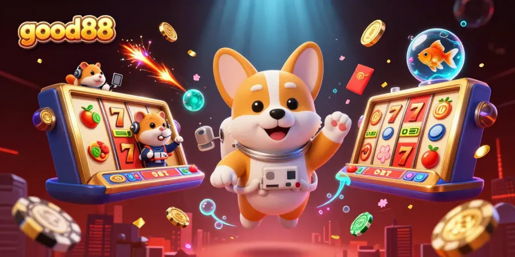 Experience thrilling gameplay with good88 as the astronaut corgi floats in a vibrant casino scene.