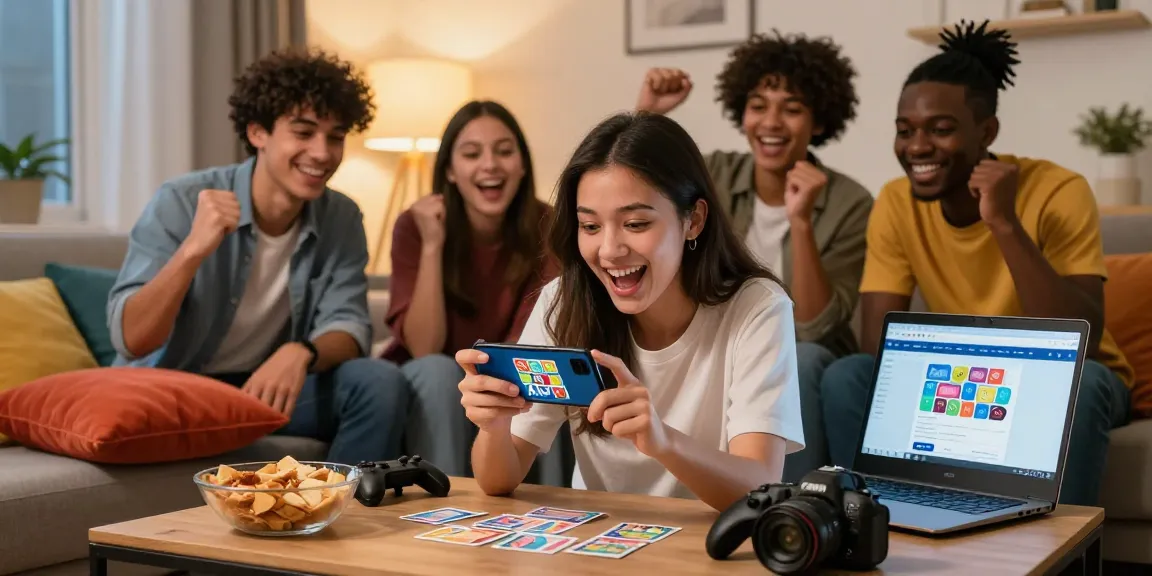 Friends excitedly gather to download Card Rummy APK on Android, showcasing a lively gaming atmosphere.